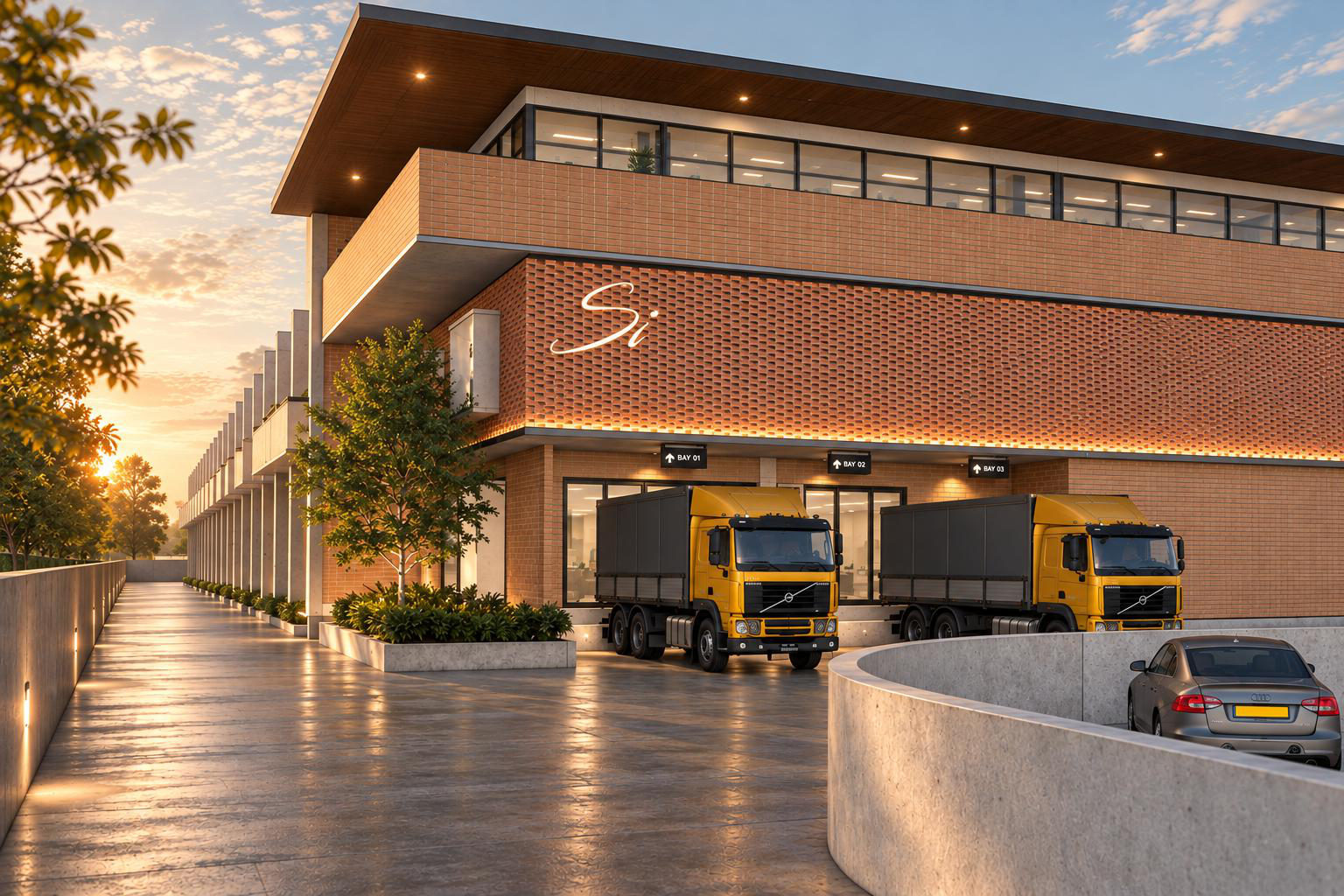 Render of the loading bays with trucks at the new Panipat factory