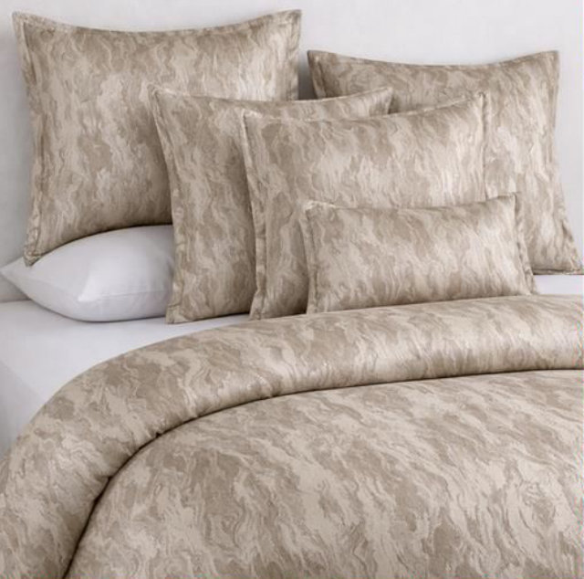 Taupe damask bedding with cushions