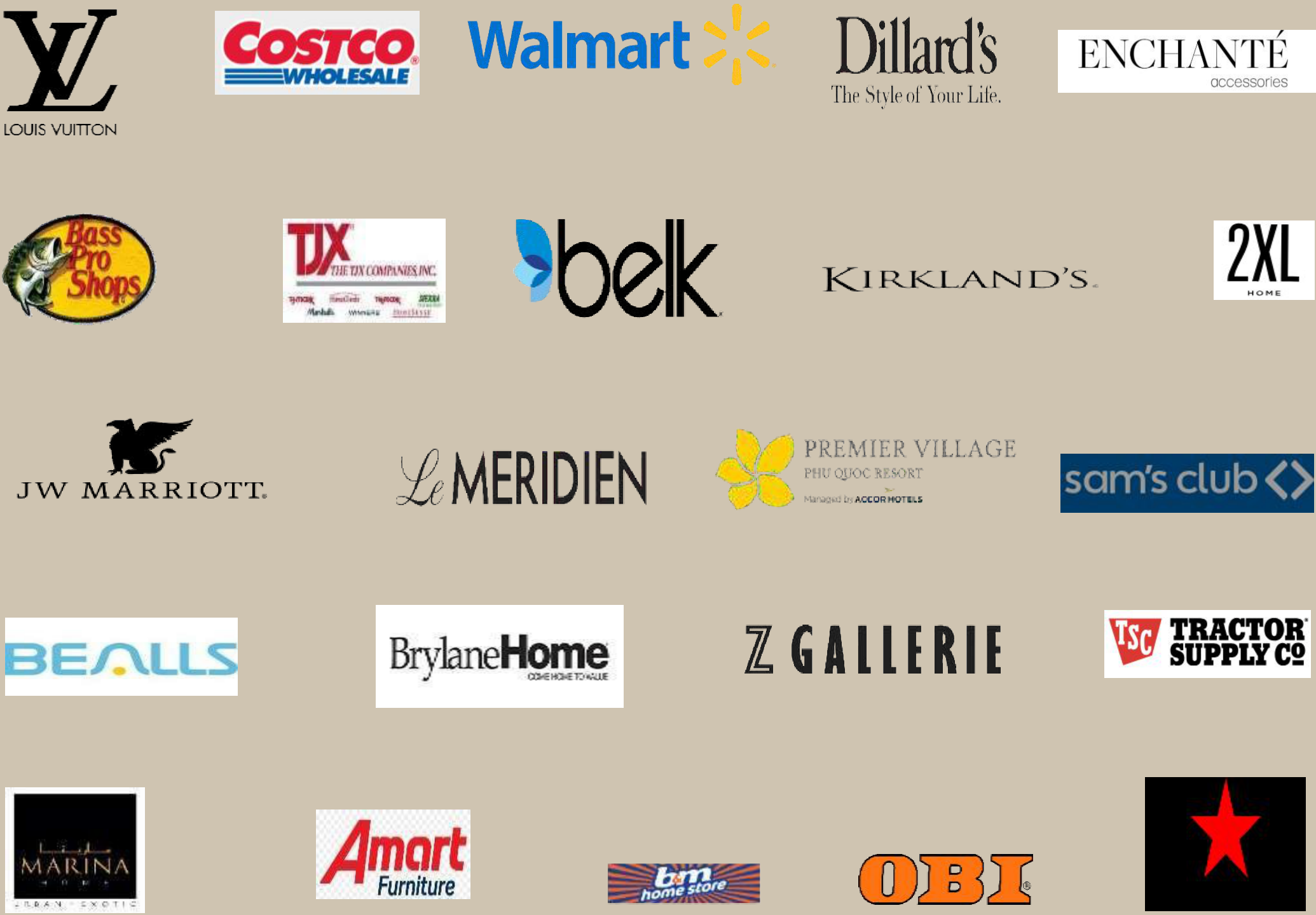 Client logos: Louis Vuitton, Costco, Walmart, Dillard's, Enchanté, Bass Pro Shops, TJX, Belk, Kirkland's, JW Marriott, Le Méridien, Sam's Club, Bealls, Brylane Home, Z Gallerie, Tractor Supply Co., Amart Furniture, OBI