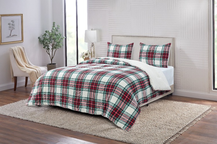 Red and green plaid comforter set with sherpa reverse