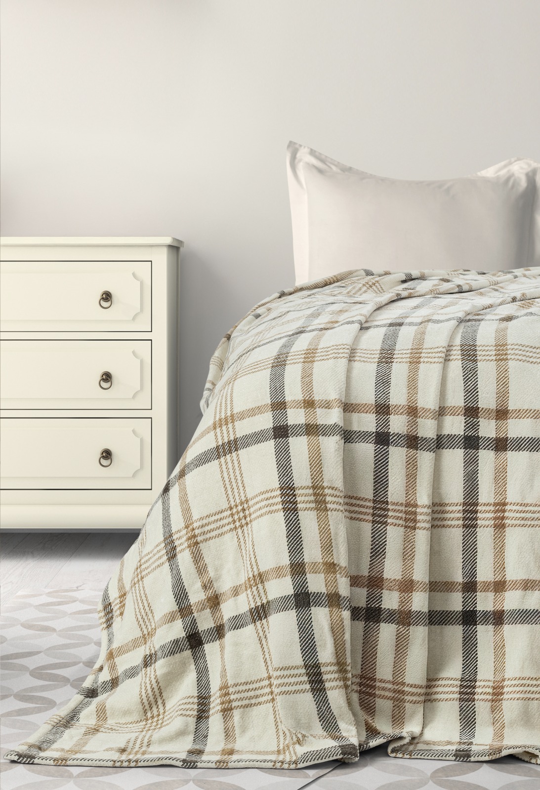 Beige and brown plaid throw