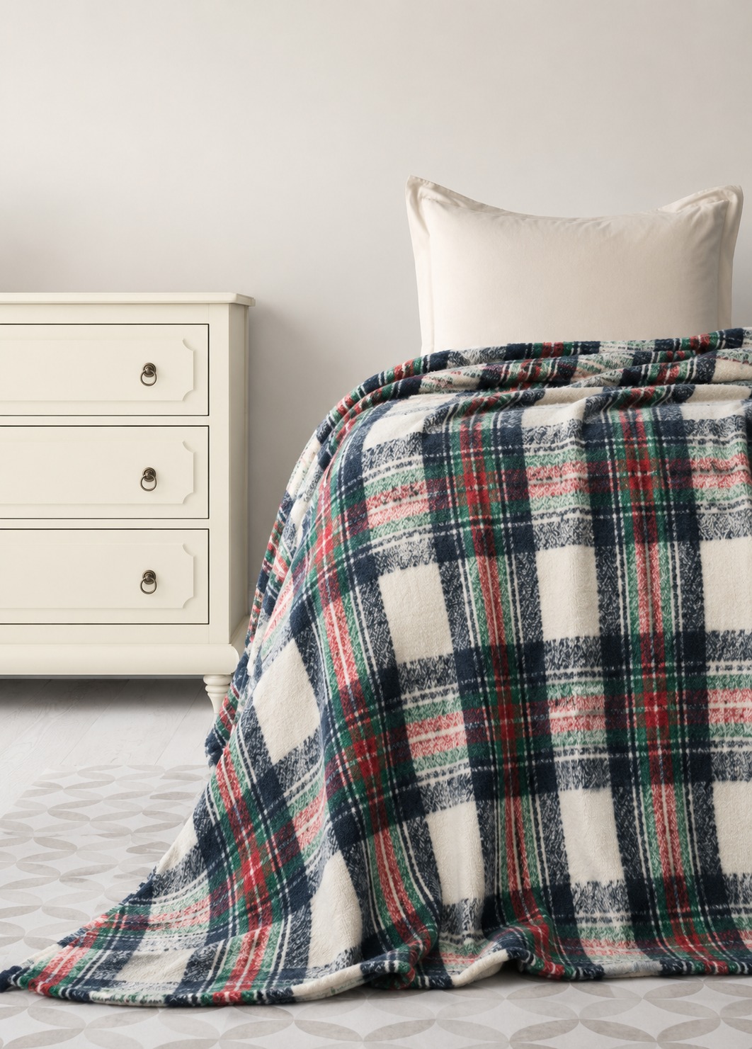 Navy, red and green plaid throw